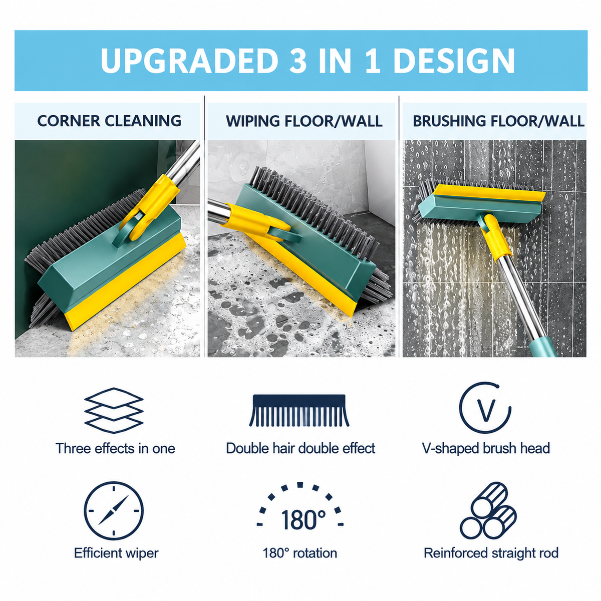 3-in-1 Bathroom Cleaning Brush with Wiper & 180° Rotating Head